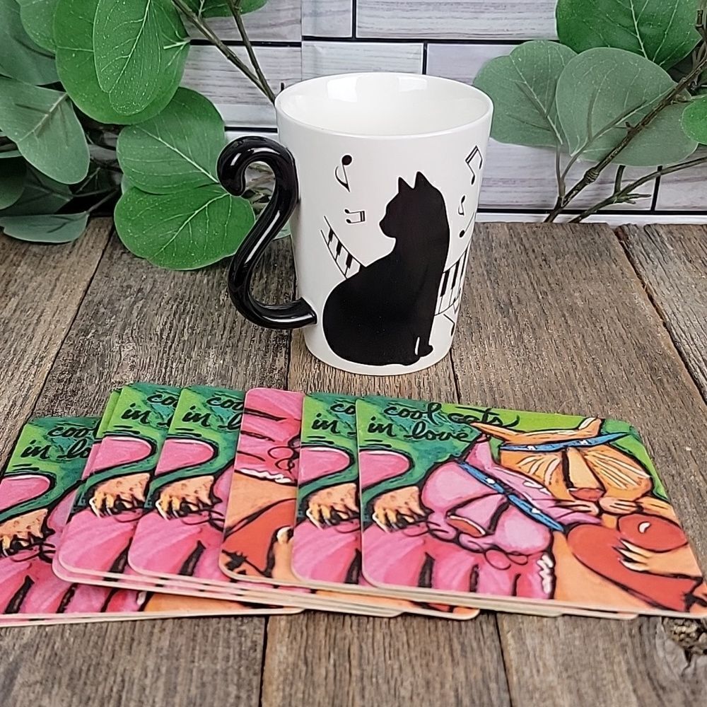 Soconico tail handle cat mug plus vintage cool cat coasters
